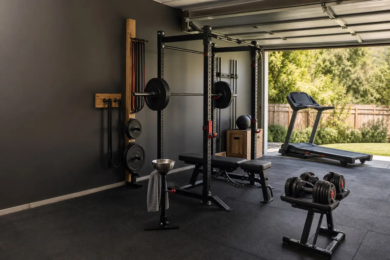 A practical home gym with strength and cardio equipment ready for a training session